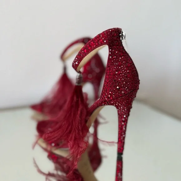 New Jimmy Choo VIOLA 110 Suede Crystal Sandals Red Ostrich Feather Tassel - Picture 10 of 17